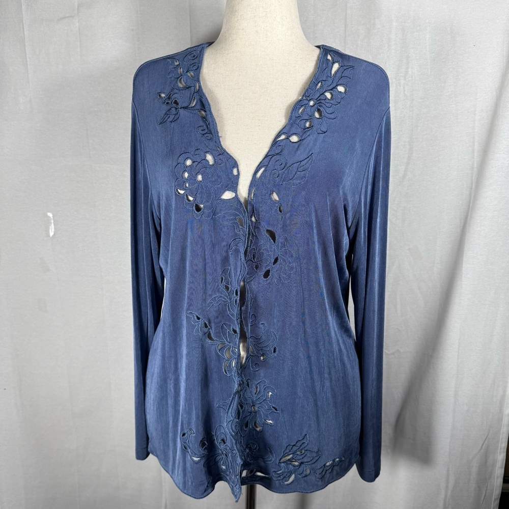 Chico's Travelers‎ Size 3 Blue Cardigan Embroidered Cut Out Minimalist Travel